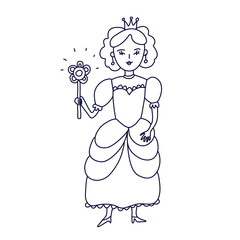 Pretty girl princess in doodle style. Beautiful dress, a crown and a magic wand with a flower. Hand drawn vector illustration in black ink isolated on white background. Great for coloring book.