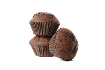 Delicious chocolate muffins isolated on white background