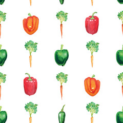 Watercolor seamless pattern with paprika and carrots on a white background. Cute vegetable print with green, orange and red pepper and a carrot.
