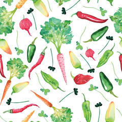 Watercolor seamless pattern with vegetables on a white background. Print with different types of carrots, peppers and herbs.
