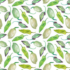 Watercolor seamless pattern with little green peppers on a white background. Print with hot peppers. White, green, green with purple and light green peppers.
