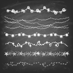 Set of hand drawn String Holiday or Christmas Lights on chalkboard background. Style Garland Lights. Vector illustration.