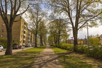 Fototapeta na wymiar View of street of Uppsala, Sweden, Europe. Buildings on blue sky background. 