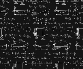 Physics seamless pattern with the equations, figures, schemes, formulas and other calculations on chalkboard. Retro scientific and education handwritten vector Illustration.