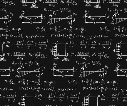 Physics seamless pattern with the equations, figures, schemes, formulas and other calculations on chalkboard. Retro scientific and education handwritten vector Illustration.