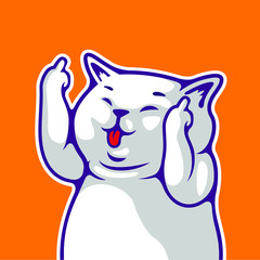 Smiling Face White Cute Cat Animal With Tongue Out Showing Fuck You Hand Gesture Vector Illustration - Vecto