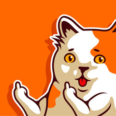 Fat Cat Animals Sticking Out Tongue Showing Middle Finger Hand Sign Isolated on Orange Background - Vector
