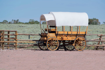 Western covered chuckwagon restored for cooking food on a trail drive