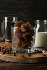 Composition of prepare ice coffee on wooden background