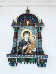  Russia. Icon of Tikhvin mother of God on the wall of the chapel of the same name in Voskresensky Goritsky monastery in Vologda region