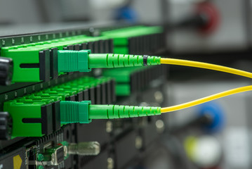 Information Technology Computer Optical Network Equipment in Data Center Closeup