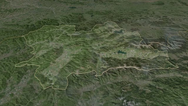 Žilinsk&yacute;, region with its capital, zoomed and extruded on the satellite map of Slovakia in the conformal Stereographic projection. Animation 3D
