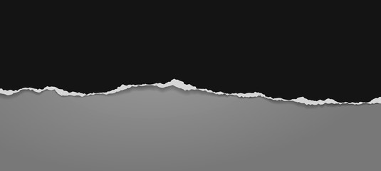 Piece of torn black horizontal paper with soft shadow stuck on dark grey background. Vector illustration