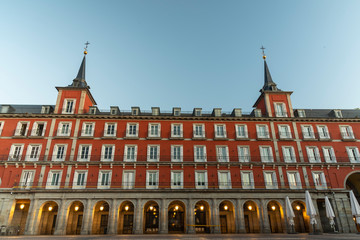 View of the Plaza Mayor in Madrid at sunset. Spain. Typical architecture of Madrid. Historical buildings.