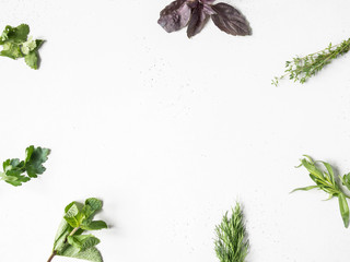 Frame of bunches of fresh raw herbs - tarragon, thyme, dill, cilantro, parsley and purple basil on textured background. Top view. Copy space