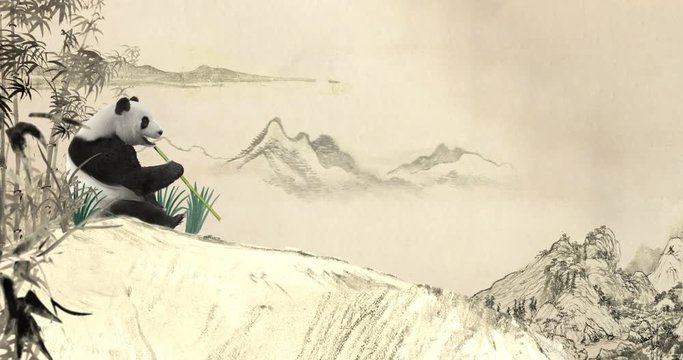 Animated panda bear eats bamboo in an old Chinese painting. The panda then gets up, walks, and somersaults down a hill. 