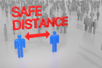 Two persons keeping safe distance amid a large crowd in a public space. Digital 3D render concept.