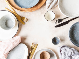 Set of various kitchen utensils - bowls, plates, spoon, napkins, and sauce boats. Set of tableware...