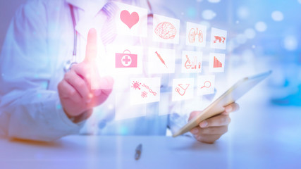 Close up of Doctor is showing medical analytics data, Medical technology concept