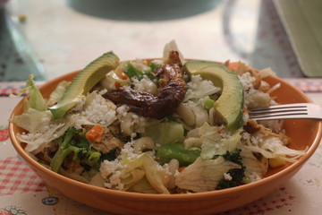 Ensalada de pollo con vegetales y pasta