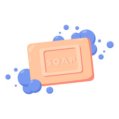 Bar of soap with foam isolated on white background. Vector flat illustration. Soap Bar with Bubbles. Pink bath soap in water.