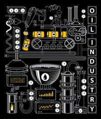 Vector banner on the theme of of oil refining industry. Decorative illustration with various industrial equipment, appliances, sensors, devices, mechanisms, pipes on the black background.