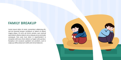 Problems in a married couple. A man and a woman are sitting on a sofa. The couple had an argument. Family break-up. Example for landing page. Concept of psychological problems.