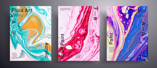 Abstract vector banner, texture collection of fluid art covers. Beautiful background that applicable for design cover, invitation, flyer and etc. Blue, red and mint unusual creative surface template