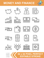 Finance set icon, dollar, coin, credit card, gold, wallet, diamond, money management, and smartphone security. Editable stroke. 64 x 64 pixel perfect. vector illustrator outline flat design.