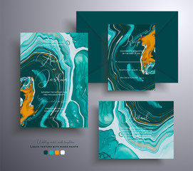 Beautiful set of wedding invitations with stone texture. Agate vector cards with marble effect and swirling paints, turquoise, white and orange colors. Designed for greeting cards, packaging and etc