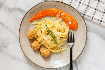 Spaghetti and Meatballs with Romesco Sauce