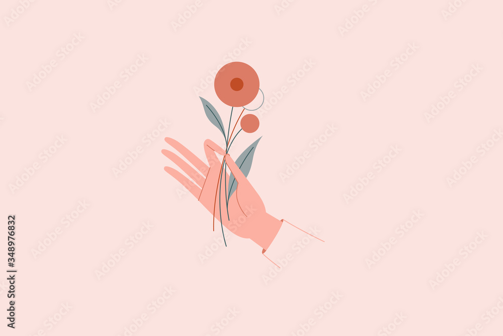 Aufkleber Vector abstract logo and branding design template in trendy linear minimal style - hand holding flowers - concept for natural beauty and organic skincare products