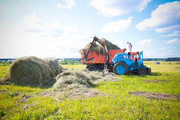 hay harvesting by blue tractor.
