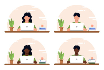 Working at home concept, Coworking space flat illustration. Young people, man and woman freelancers working at their home. Home office in covid-19 crisis. Vector flat style self employed illustration