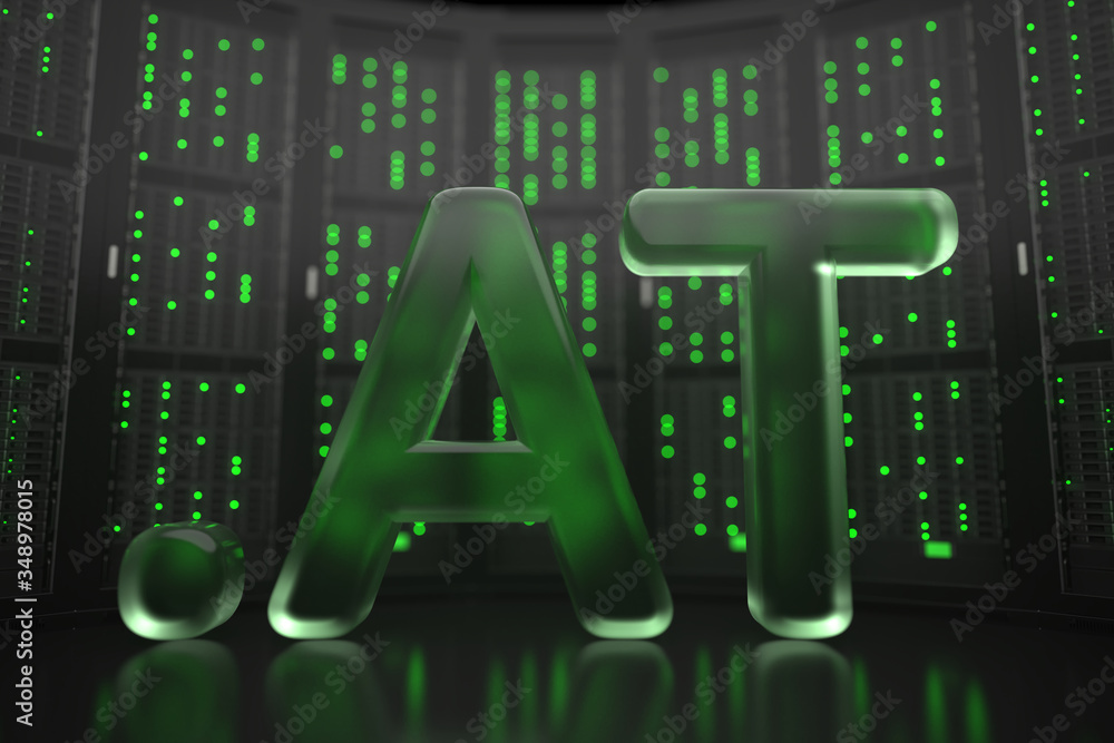 Poster austrian domain .at on server room background. internet in austria related conceptual 3d rendering