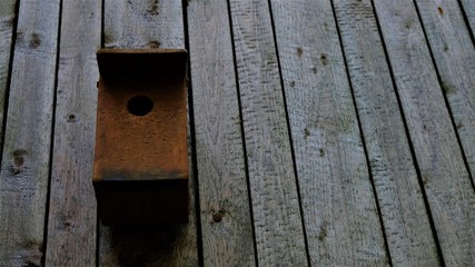 
Bird feeder hanging on the wall of boards