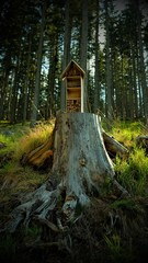wooden miniature house on a tree trunk. in the background a green forest