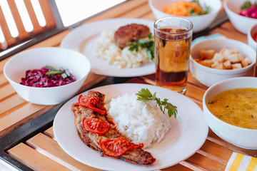 Close up of dinner menu in canteen in Russian recreation center