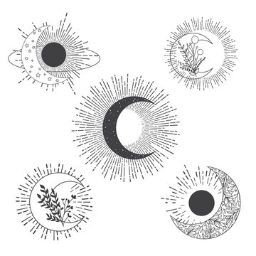 Hand Drawn Moon and Sun Logo Collection. Abstract Magic Vector Set.

