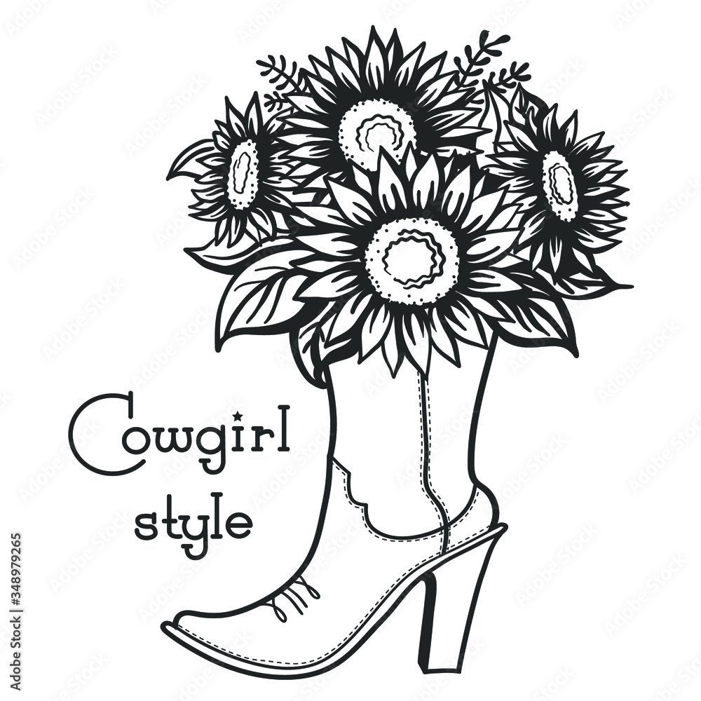 Wall mural cowgirl boot with floral bouquette and text. ladies cowboy color vector boot illustration with sunfl