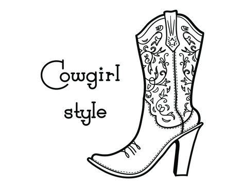 Cowgirl boot with floral bouquette and text. Ladies cowboy color vector boot illustration with sunflowers isolated on white. Country fahion
