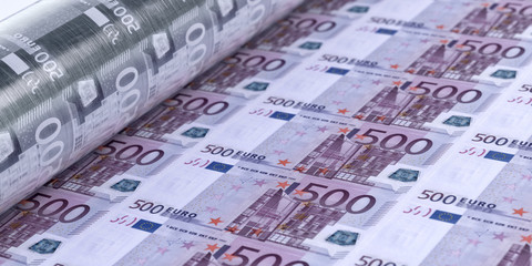 Coronavirus covid-19 pandemic Europe economics impact 3D concept. Euro banknotes printing, 500 euro sheet closeup. Europe economy, banking, finance, stock market, business investment design background