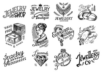 Women's jewelry shop badges and logo set. Luxury accessories, wedding rings, Victorian woman and Earring. Bracelet on hand. Vintage retro Templates for typography or signboards. Drawn engraved sketch.