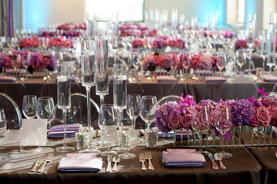 Wide Empty Shot Of Table Setting At A Formal Party.