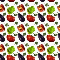 Seamless pattern of eggplant, parsley leaves, tomato, red pepper and green pepper on a white background. The food texture. The concept of healthy eating.