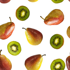Seamless pattern of red and yellow pears and kiwi slices on a white background. The texture of the food