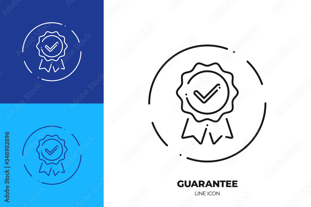 Poster guarantee line art vector icon. outline symbol of quality emblem with checkmark.