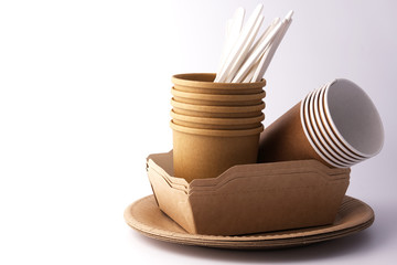 The concept of, ecology, eco, eco friendly. Natural eco-friendly disposable utensils. Dish plate, cup and fast food box containe