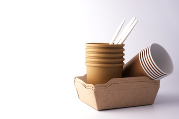 The concept of, ecology, eco, eco friendly. Natural eco-friendly disposable utensils. Dish plate, cup and fast food box containe