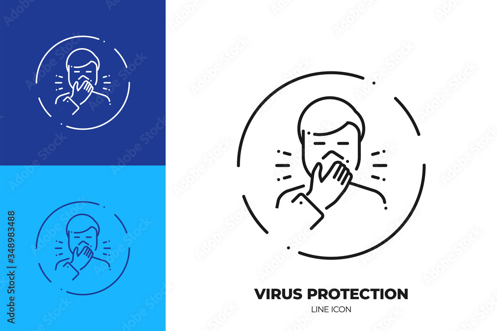 Poster man coughing in tissue line art vector icon. outline symbol of allergy.